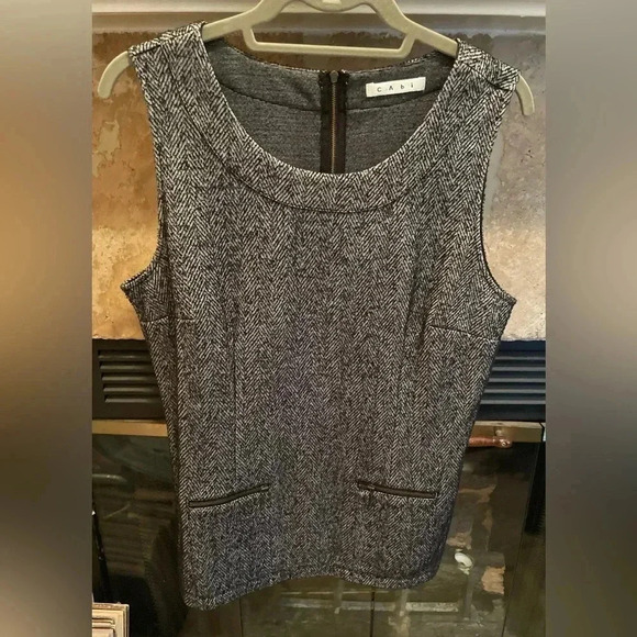 CAbi Black & White Sleeveless Herringbone Tweed Zippered Vest Preppy Academia L - Picture 1 of 11